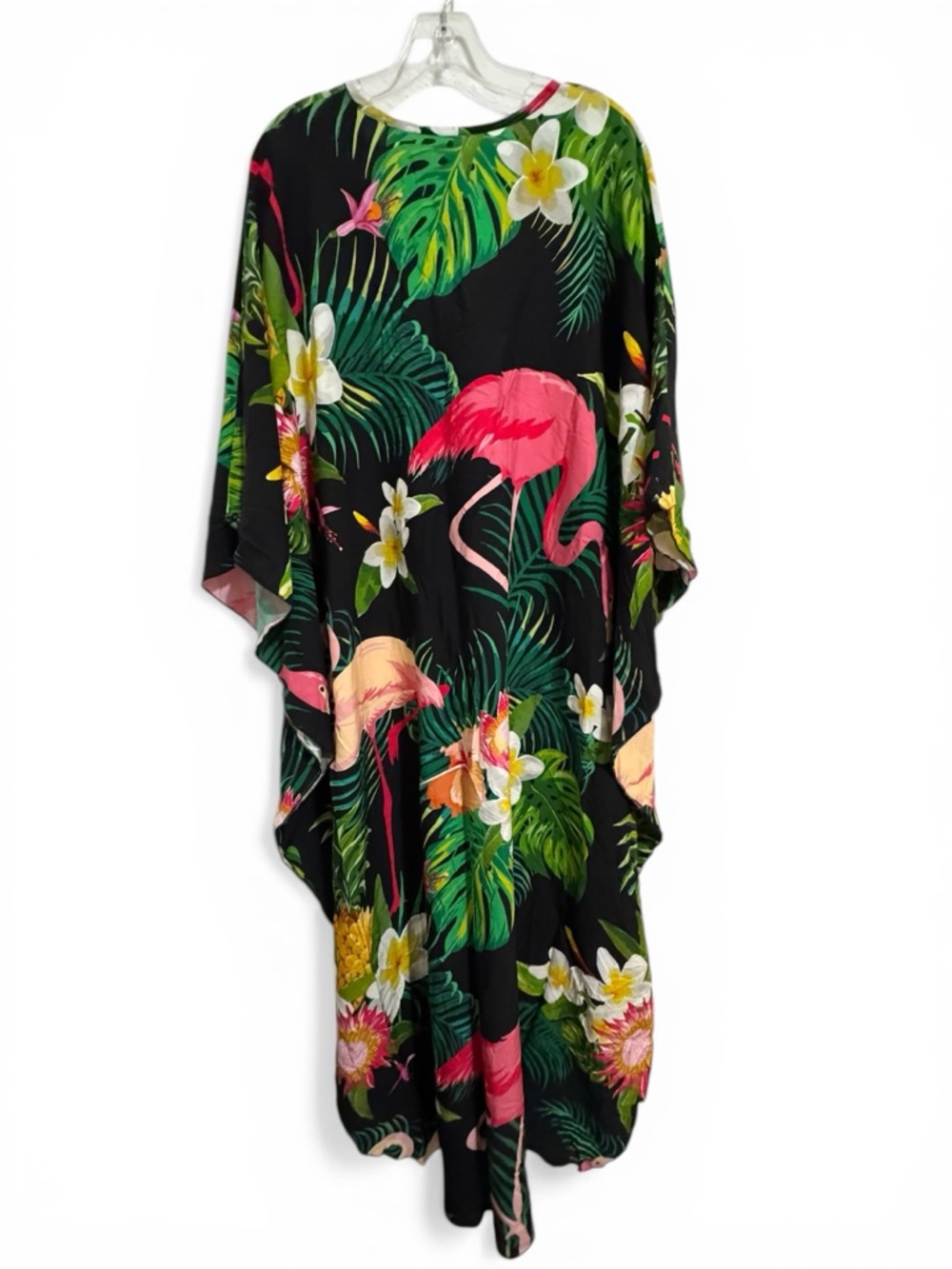Kaftan Tropical Flamingo Black Maxi Dress V-Neck Diamond Weave Detail One Size - Picture 2 of 10